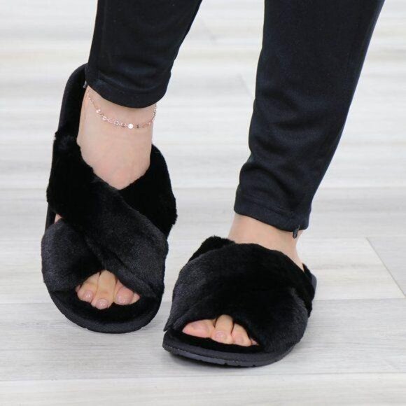 Cross Strap Black Puff Fuzzy Furry Fluffy Slip On Plush Slippers - Picture 2 of 12
